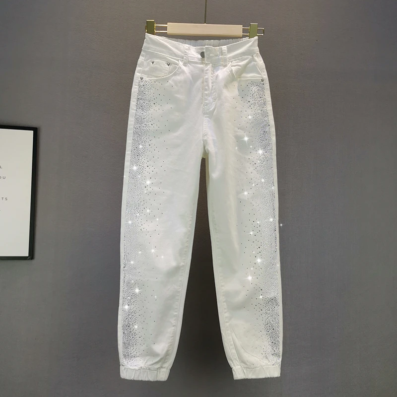 

Harajuku White Jeans Woman Summer New Stretch High Waist Rhinestones Jeans Female Loose Denim Pants Vaqueros Mujer Nancylim