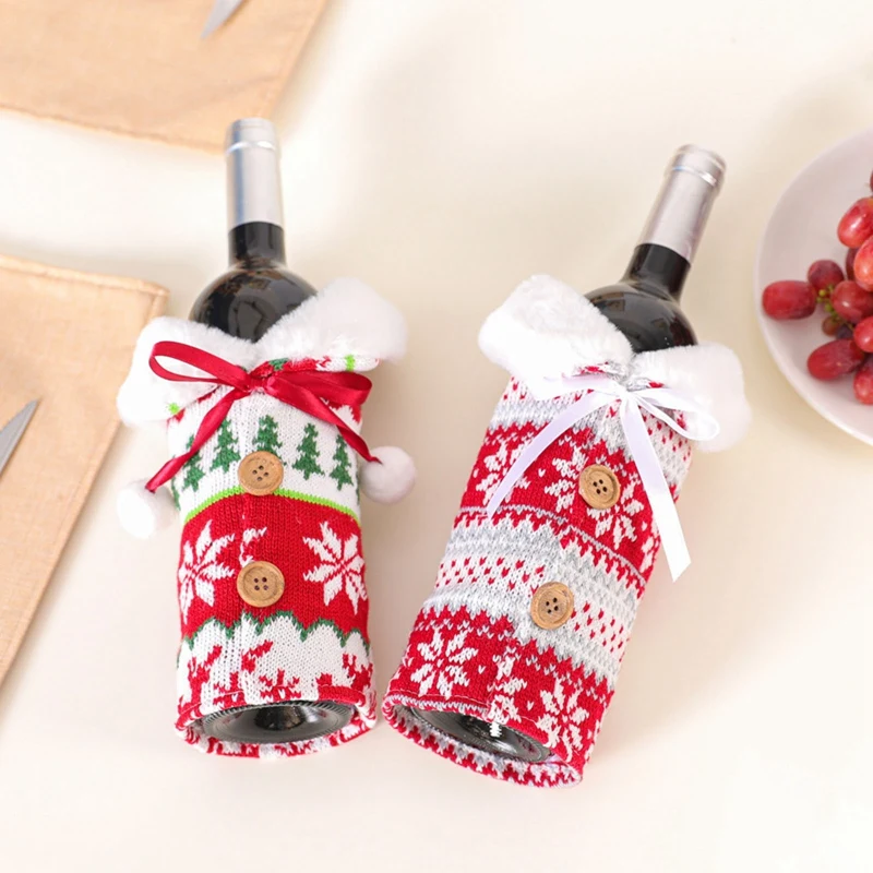 

Knitted Elk Snowflake Wine Bottle Cover Christmas gift Decoration Fur Ball Wine Bottle Cover case Household office decoration
