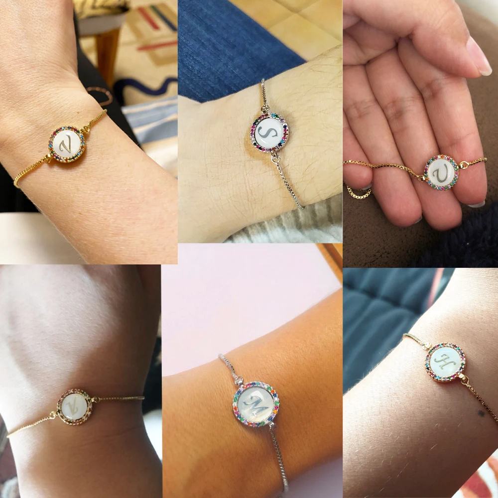 Bracelet Jewelry Adjustable Rainbow Zircon 26 Letter Bracelet for Women shell Cz initial Bracelet Femme Snake Chain Christmas gifts