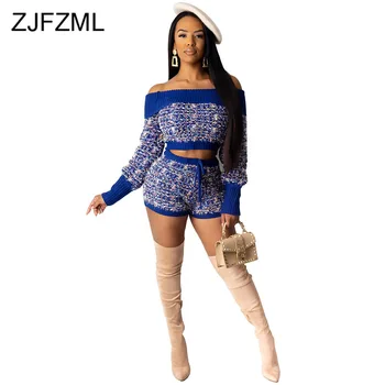 

Lurex Sexy Two Piece Tweed Set Women Off Shoulder Open Back Crop Sweater+ High Waist Bodycon Shorts Vintage Fall Winter Outfits