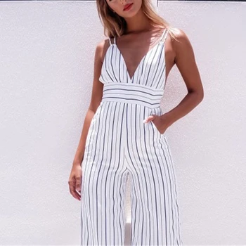 

Women Sleeveless Strappy Halter Deep V Neck Jumpsuit Romper