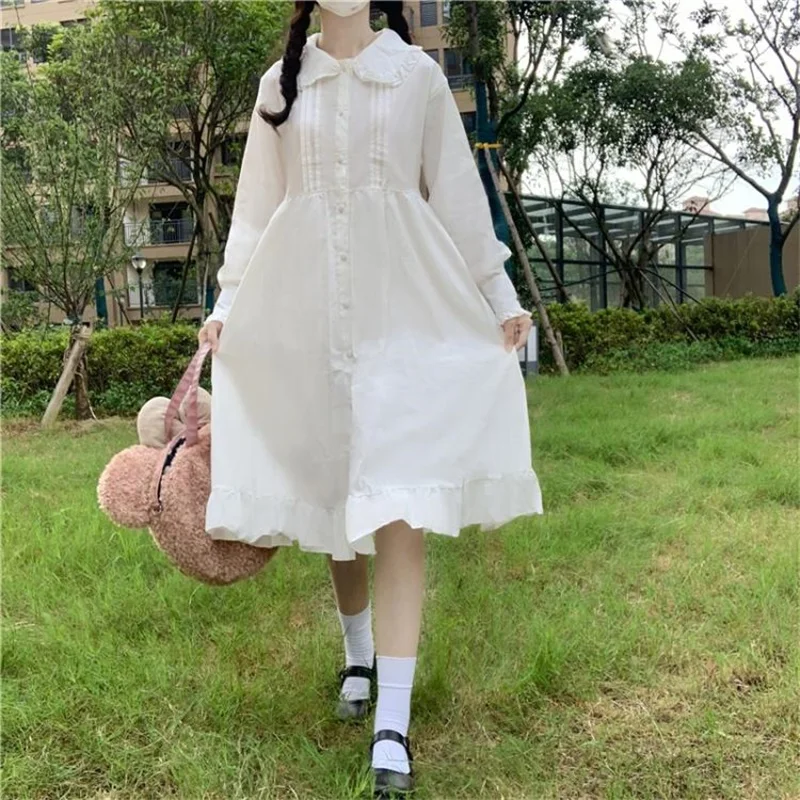 Japanese Fashion Sweet Kawaii Elegant White Dress 2020 Autumn Peter Pan Collar Long Sleeve A-Line Loose Dresses Woman Clothing