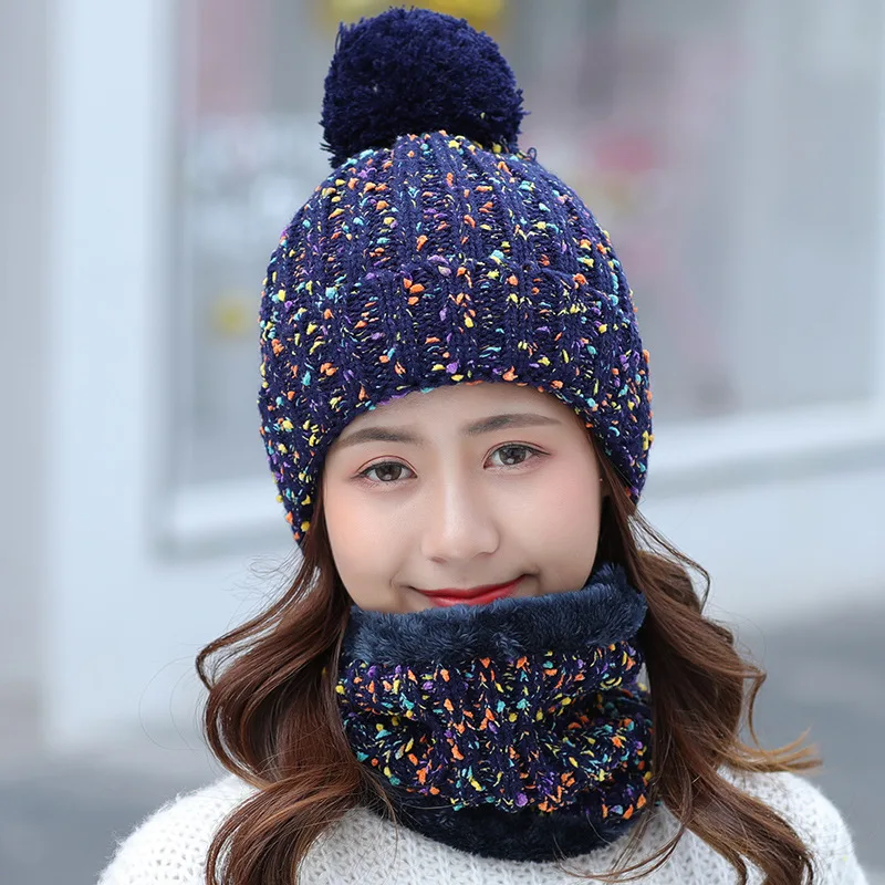 Fashion Winter Hat Scarf Set For Women Girl Warm Beanies Cap Lady Ring Scarf Pompoms Winter Hats Knitted Caps Scarf 2 Pieces - Цвет: navy