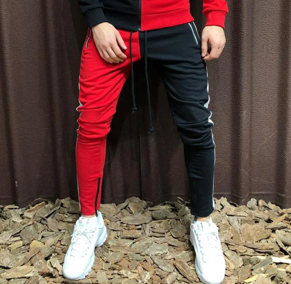 red pant Высококачественные мужские комплекты модная Осенняя Лоскутная куртка спортивный костюм толстовки+ спортивные штаны комплекты из 2 предметов облегающая спортивная одежда - Цвет: red pant