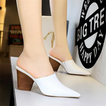 

BIGTREE New 2020 Fashion Mixed Colors Slippers Sandals Baotou Drag Wood Grain Heel Sexy Pointed High Heels Party Chunky Pumps