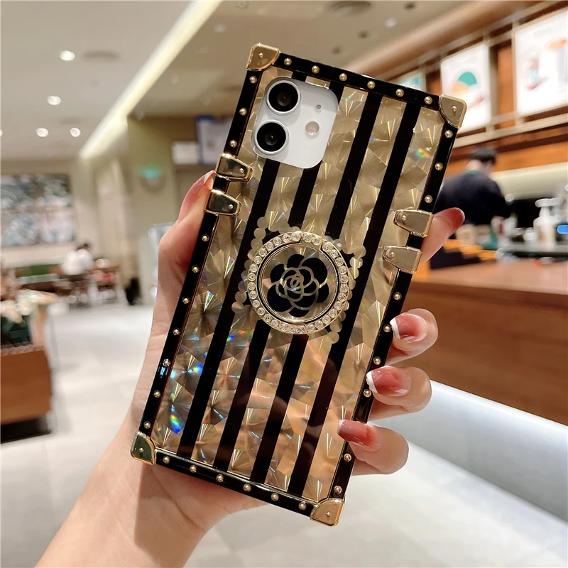 Black gold Luxury square Fashion Brand Stand Phone Case For iPhone 13 11 12  Pro XS Max 13pro XR X 7 8 Plus Ring holder Cover - AliExpress