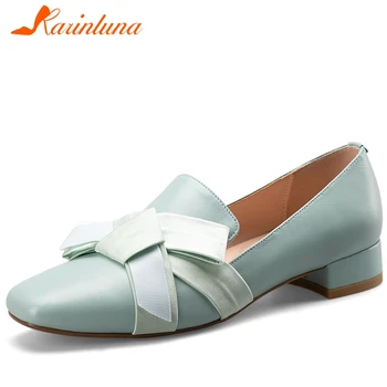 

Karinluna 2020 New Arrivals Genuine Leather Slip-On Butterfly-knot Shoes Woman Pumps Chunky Heels Concise Pumps Women Shoes