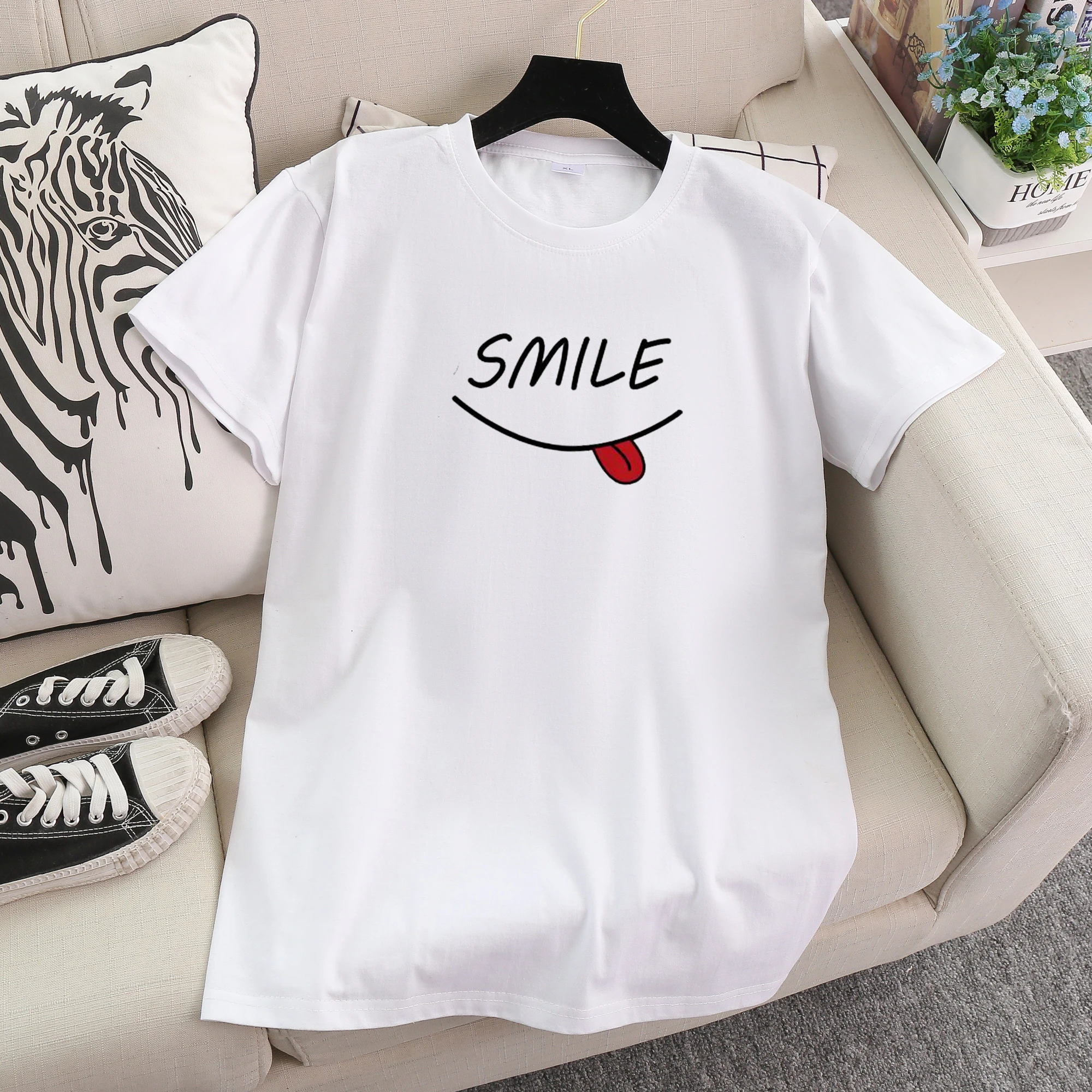 

2020 Fashion 100 cotton t shirt tshirt women SMILE Print T-shirt woman tops summer vintage white 90s punk plus size tee shirt