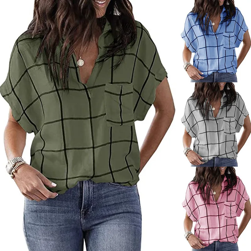 Spring and Summer New Fashion Women's Casual Loose Check Print Pocket V-Neck Short-Sleeved Plus Size Pullover T-Shirt for Girls