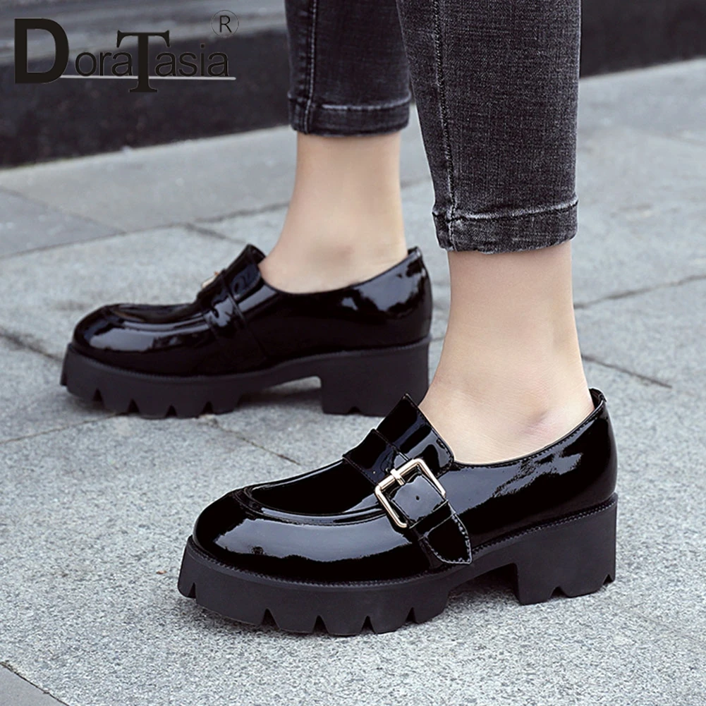 

DORATASIA Brand Elegant Lady genuine Leather Patent Flats Spring Platform Flats Women Chunky Heels Buckle Belt Shoes Woman