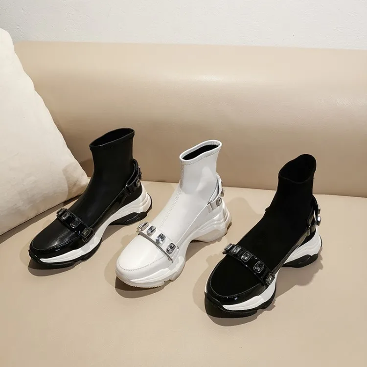 MLJUESE 2020 women ankle boots cow leather round toe crystal winter short plush slip on party dress | Обувь