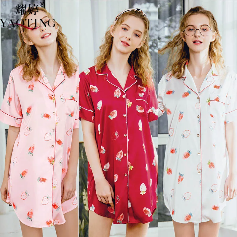 

YAO TING 2019 night dress sexy women sleepwear night for ladies chemise de nuit sexy wine red pink dark blue black spring autumn