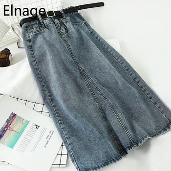 

Elnage High Waist Slim Fit Wrap Hip Split Denim Midi Skirt for Women Summer Spring A Line Jupe Woman Korean Style Faldas 5A795