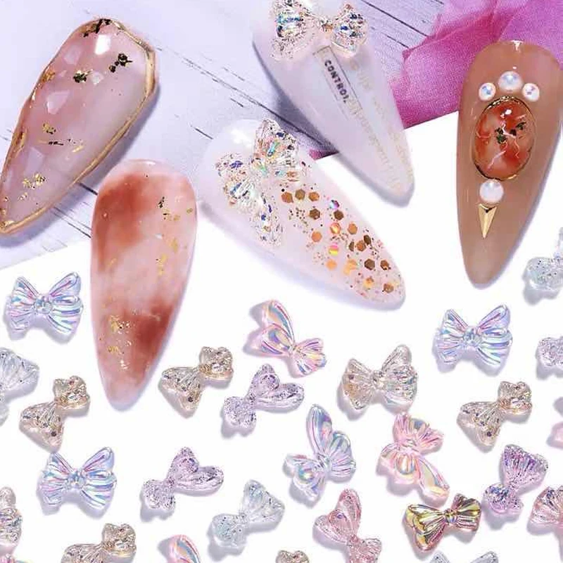 

10Pcs Holographic Aurora Bowknots Nail Art Decorations 3D Crystal AB Colorful Bow Ornaments Japanese DIY Manicure Accessories