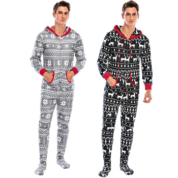 

2021 Men Sleeping Romper Warm Stockings Loose Elastic Christmas Elk Snowflake Printed Hooded Leisure Jumpsuit with Pockets