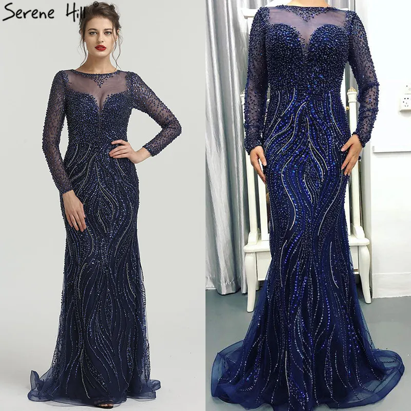 Дубай сексуальное серое вечернее платье с длинным рукавом роскошное вечернее платье Русалка с кристаллами и бисером Serene Хилл LA6506