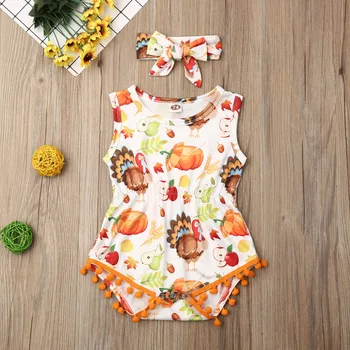 

Pudcoco Newborn Baby Girl Clothes Sleeveless Turkey And Pumpkin Print Romper Jumpsuit Headband 2Pcs Outfits Clothes