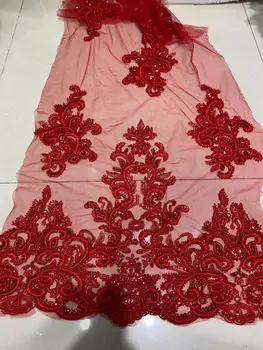 

high quality French net lace fabric African handwork lace red wedding lace beaded tulle lace fabric for braide wedding dress