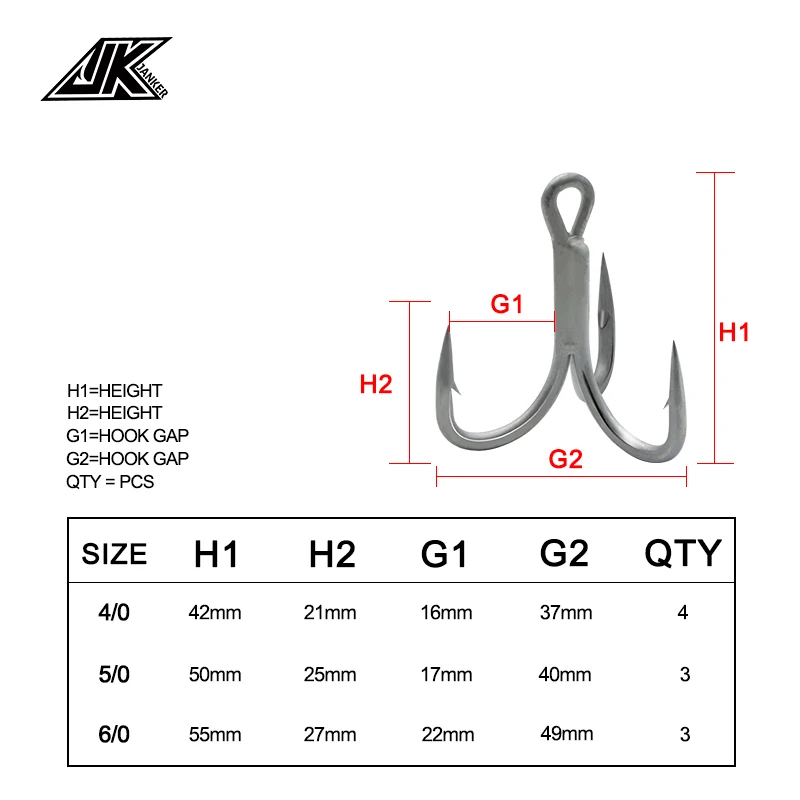 JK GT-R77 4/0 5/0 6/0 Treble Hooks Fishing 7X Strong Triple Fish