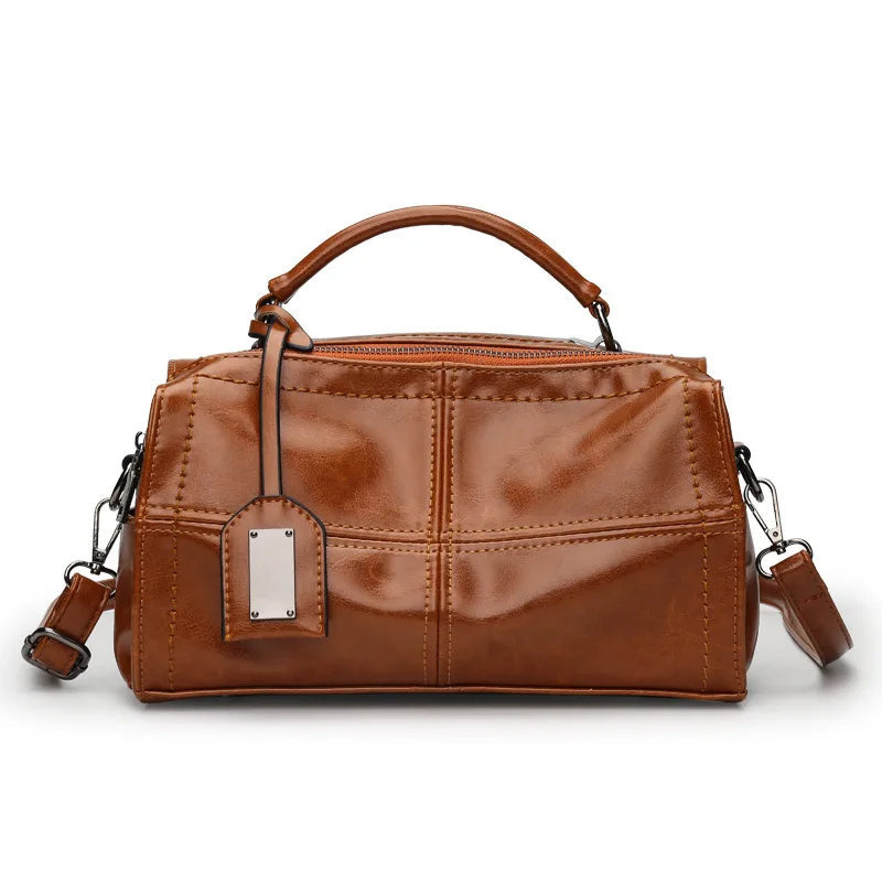 

2019 new stitching wind waxed leather shoulder slung handbag