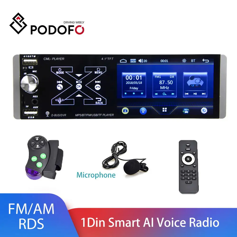 Podofo 1Din 4 1 ''автомобильное радио Смарт AI голосовая поддержка двойной USB FM AM RDS задний микрофон вход сабвуфер
