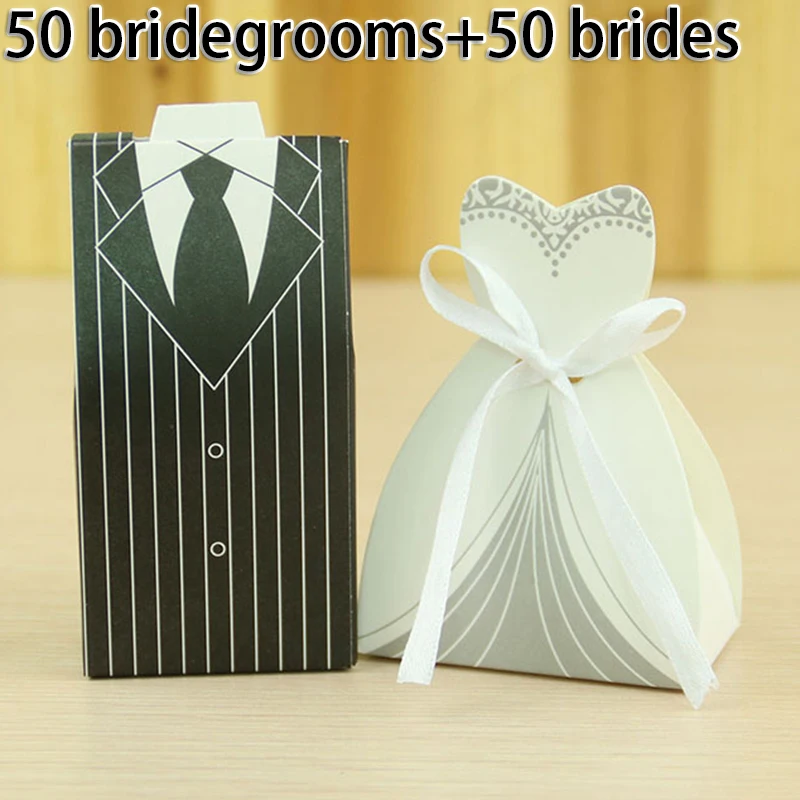 

100Pcs Bridegroom Bride Wedding Dress Candy Boxes Cardboard Gift Cases Elegant And Lovely Candy Box Is A Perfect Artistic Weddin