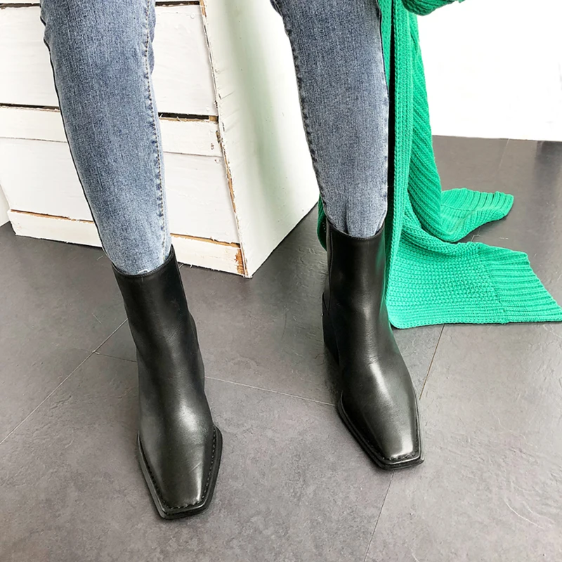 Зимние женские ботинки «Челси» из змеиной кожи на блочном каблуке; Botas Mujer; женские ботильоны с квадратным носком и металлическим декором