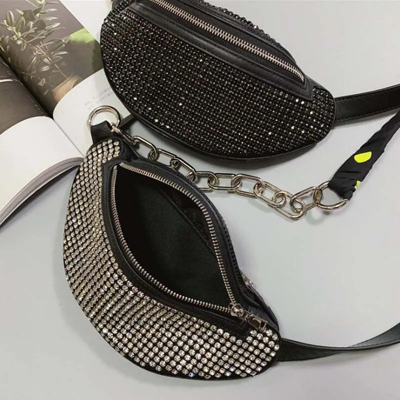 

Women Shoulder Bag Genuine Leather Add Diamond Small Crossbody Bag Chain Waist Chest Messenger Bag Outdoor bolso mujer
