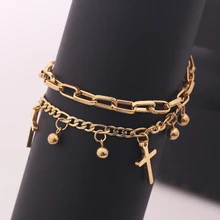 Двухрядное Крест Браслет Золотой Серебряный Перстень из нержавеющей стали крест Браслеты Регулируемая цепь из нержавеющей стали цинковый сплав ювелирные изделия