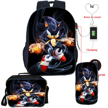 

3Pcs/Sets USB Charging Backpack Boys Girls Sonic backpack Pencil Case Students back to school Knapsack Teenagers Travel Bags