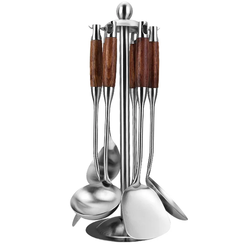 

Cooking Kitchen Utensil Set with Holder, Kitchen Tool Set,304 Stainless Steel, Wood Handle , 7-Piece