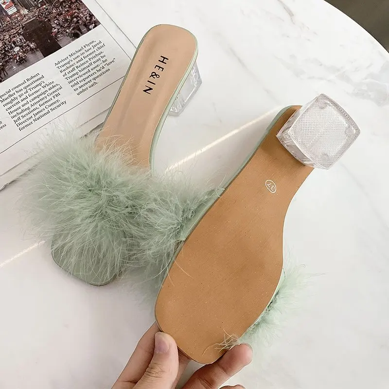Women High Heels Peep Toe Fluffy Fur Feather Square Toe Summer Sandals Wedding Slip-On