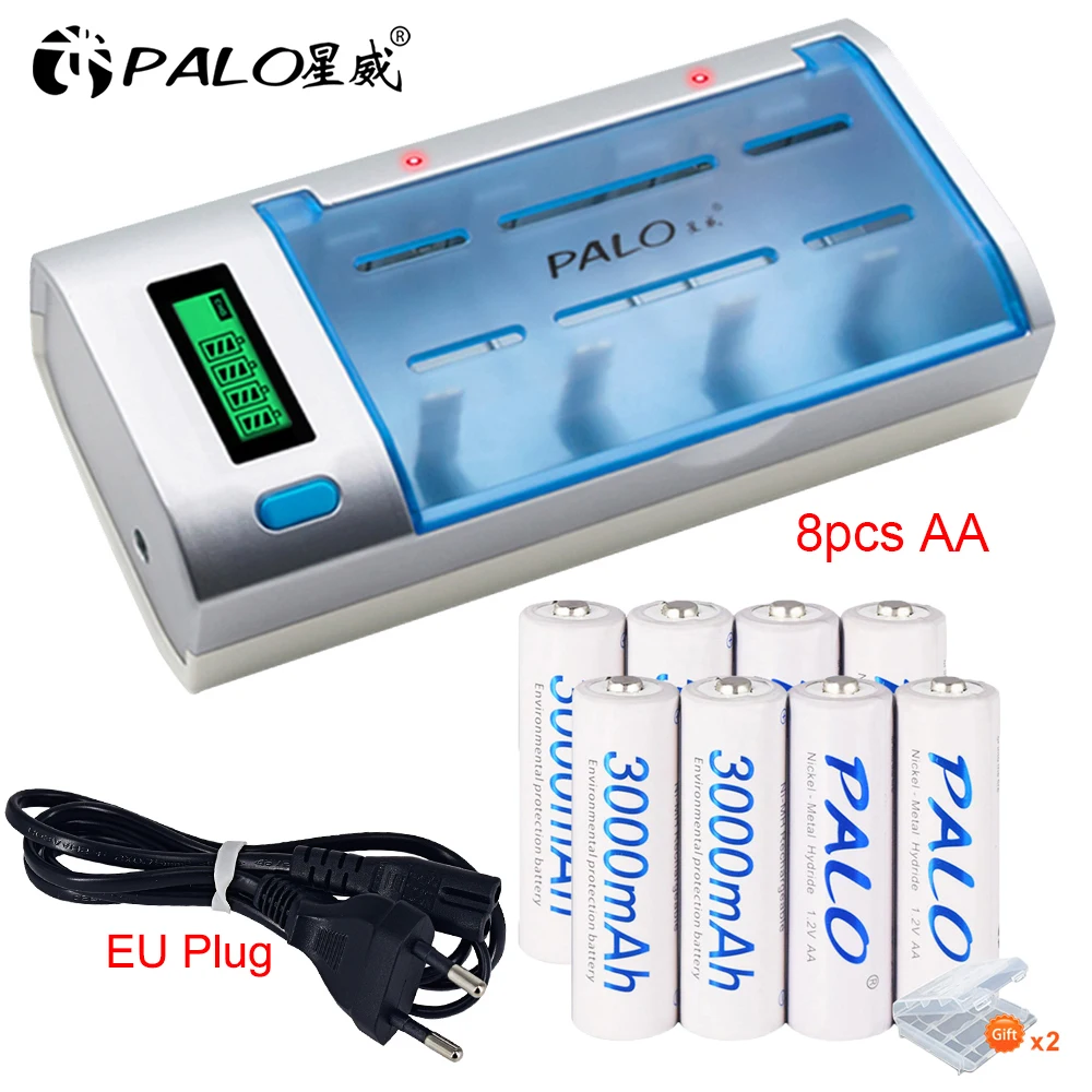 

PALO AA rechargeable battery 3000mAh 1.2V NIMH aa batteries+LCD Smart Charger for 1.2V AA AAA C D 9V rechargeable batteries