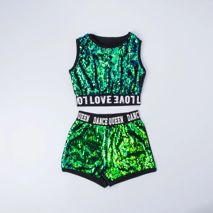 Korean Style Fancy Kids Student Girls Ballroom Jazz Dance Costumes Hip Hop Street Wear Big Eyes Sequin Jacket Clothing Set