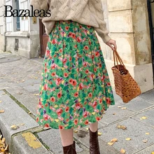 Bazaleas Франция зеленый цветочный принт женские юбки с высокой талией винтажная Женская юбка миди тонкая Ретро боковая молния плиссированная юбка