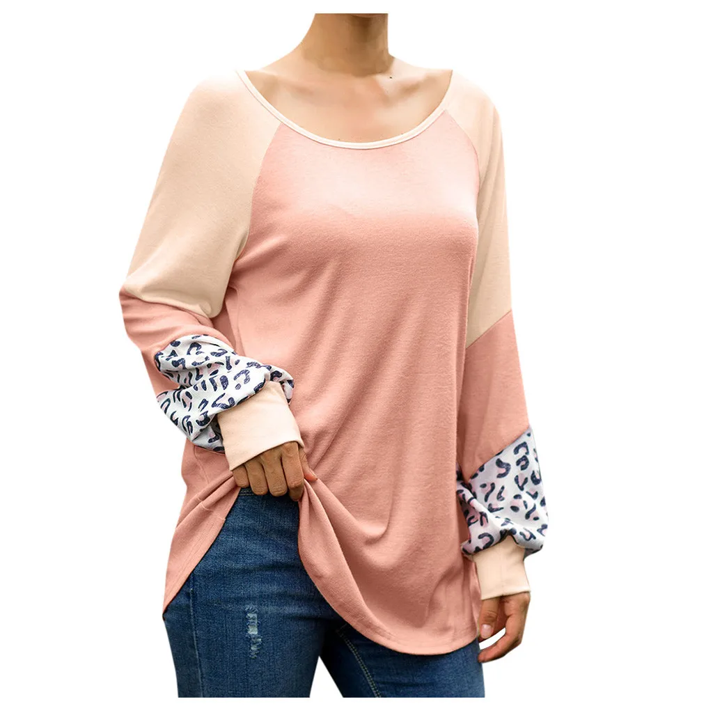 2019 ladies leopard solid color stitching long-sleeved shirt sweater 
