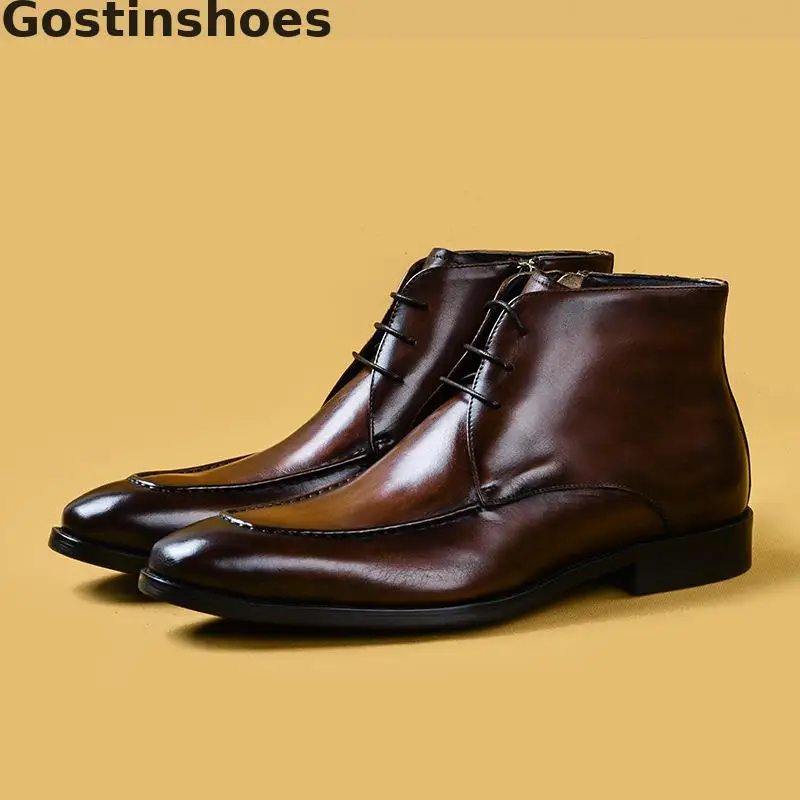 

Men Boots Cow Leather Black Brown Men Short Boots Lace-up Pointed Toe Spring/winter Men Ankle Boots Genuine Leather Fashionable