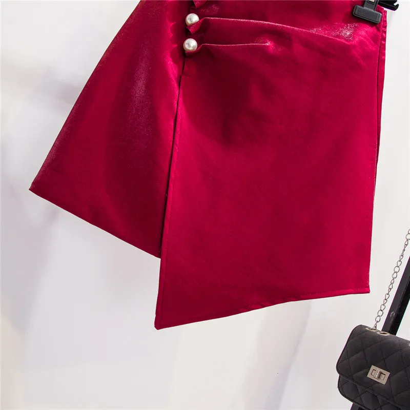 Женская юбка, женские юбки, Женская Осенняя зимняя нестандартная плиссированная юбка с жемчужинами, асимметричный подол, высокая талия, а-силуэт, Saia Jupe Femme, красный