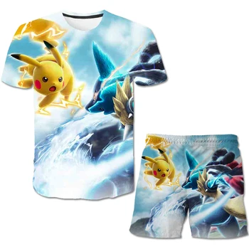 

2020 Kids Clothes Pokemon pikachu Boys Cartoon Outfits Baby Girl Summer Tees Suits 4-14 Years Children Clothing T-shirt + Shorts