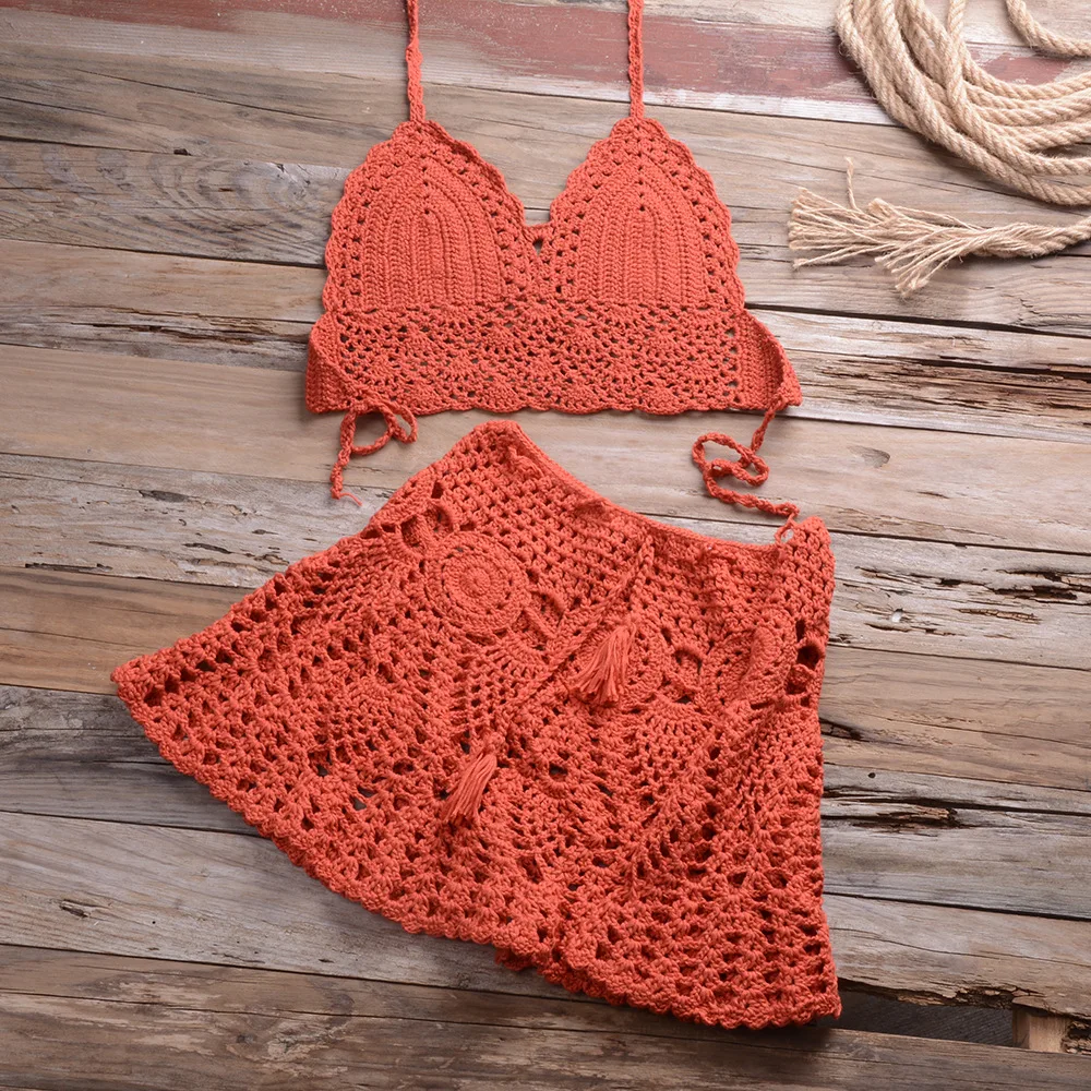2021 New Crochet 2Pcs/set Beach Cover Up Sexy Women Bra Top+Mini a Line Skirts Bikini Swimsuit Bathing Suit Cover Ups Dress mesh bikini cover up Cover-Ups