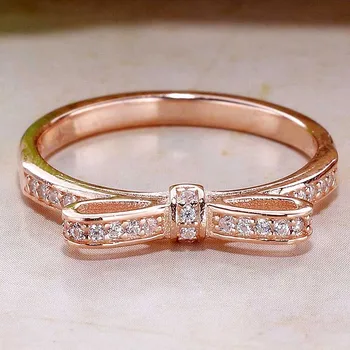 

Original Fine Sparkling Golden Bow With Crystal Ring For Women 925 Sterling Silver Ring Wedding Party Gift Fine Jewelry
