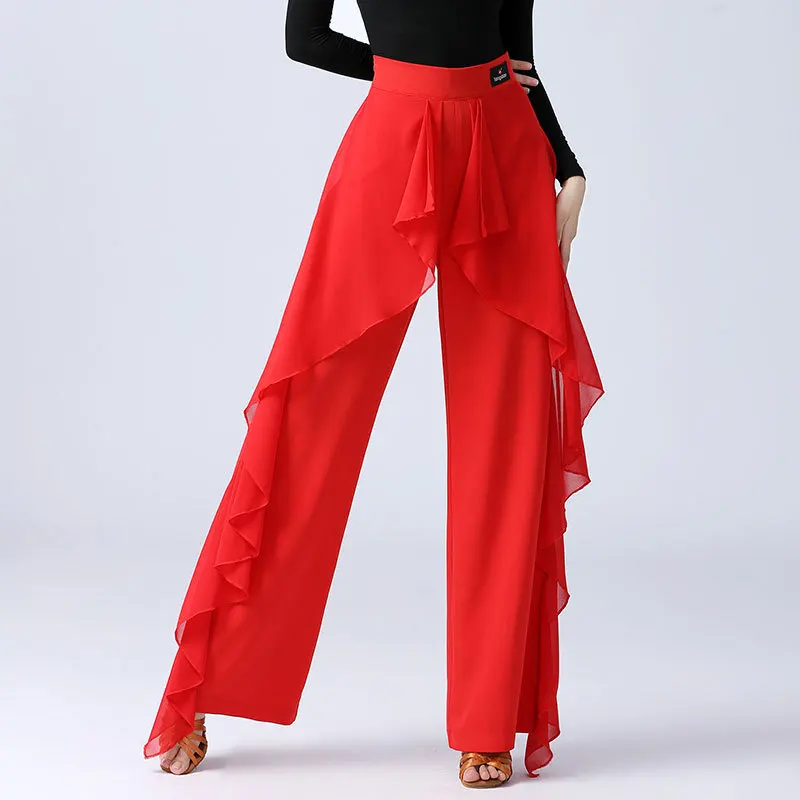 Latin Dance Pants Practice Ballroom Dance Wide-Leg Pants Modern Women's High Waist Ruffle Wide 5XL dance pants