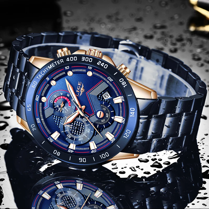 Baratos Reloj LIGE para hombre, reloj de pulsera azul de lujo, de acero, con cronógrafo militar, resistente al agua, relojes de cuarzo, reloj Masculino