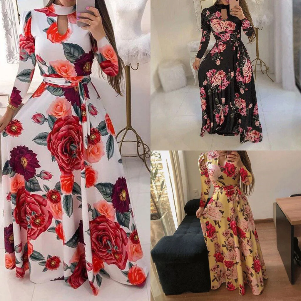 

Litthing Women Long Maxi Dress Spring Autumn Floral Print Boho Beach Dress Long Sleeve Evening Party Dress Lace Up Tunic Vestido