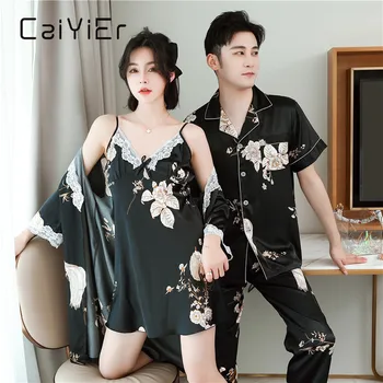 

CAIYIER Luxury Couple Pajamas Suit Summer Sexy Silk Condole Belt Robe Men&Women Sexy Silk 2PCS Suit Man Short Sleeves Sleepwear