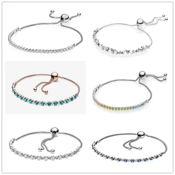

925 Sterling Silver Bracelet Turquoise Sparkling Slider Tennis Blue Stones Bracelet For Women Pandora Diy Jewelry