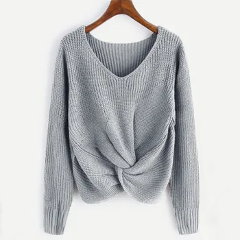 

Solid Color V-neck Sexy Cross Knotted Panel Sweater Women Plus Size Pull Femme Hiver Sweaters Long Sleeve Sweater