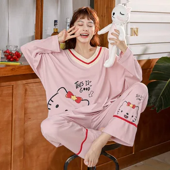 

Pajamas Ladies Pink Cartoon Cat Pattern Long Sleeve Trousers Suit Cotton Spring Autumn Pajamas For Women