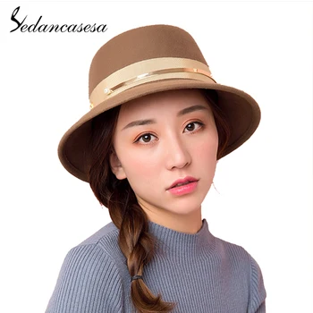 

Sedancasesa Wool Felt Fedora Hats for Women Autumn Winter Fashion Style Warm Ladies Bucket Hats Wide Brim FW304007