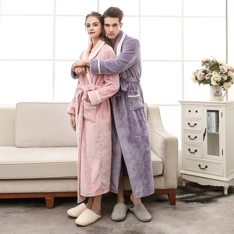 

Winter Long Bathrobe Male Excellent Polyester Fiber Pajamas Nightgown Sleepwear Mens Soft Robe Women and man Couples Robe